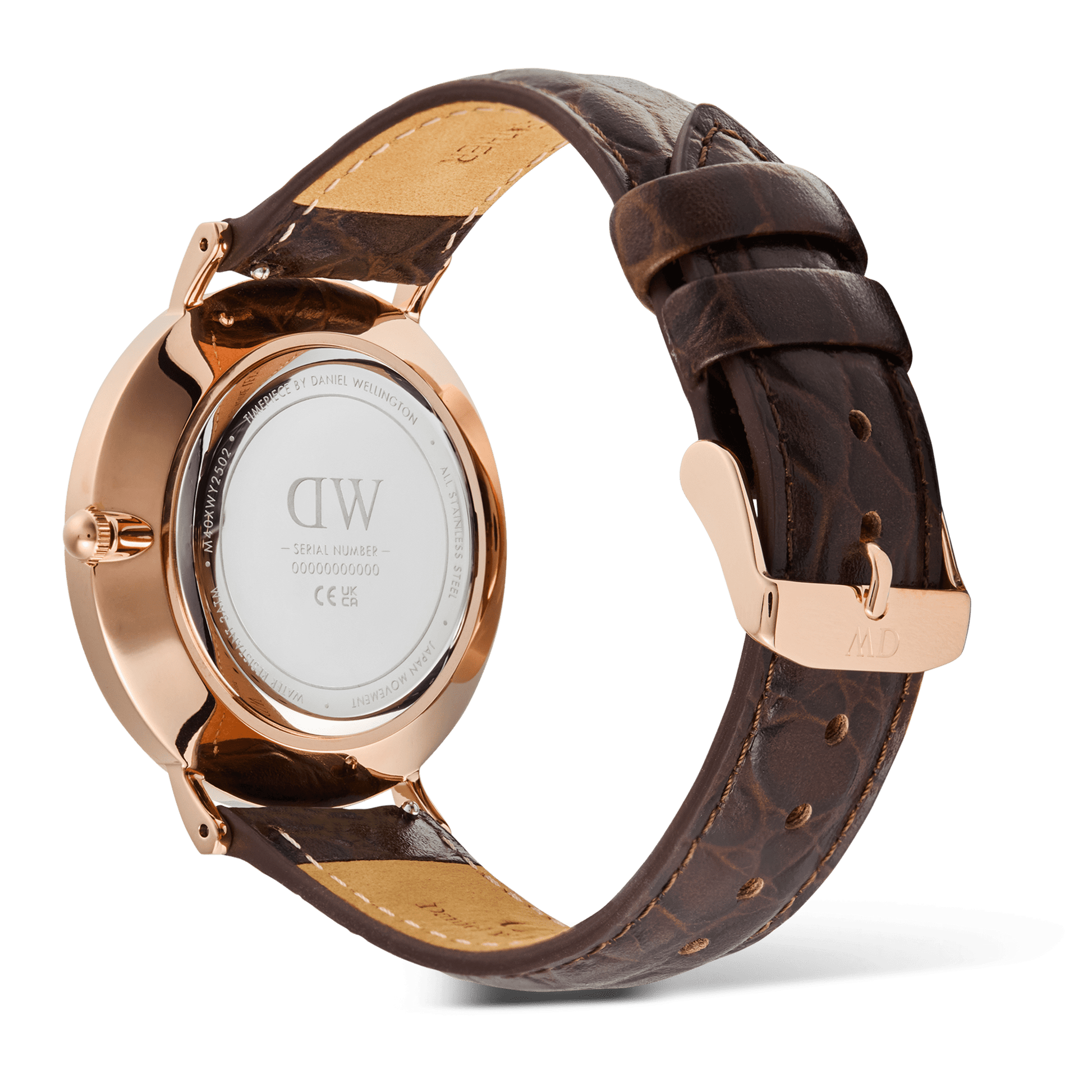 Classic Roman Numerals Date Dark Brown Croc Belly Rose Gold