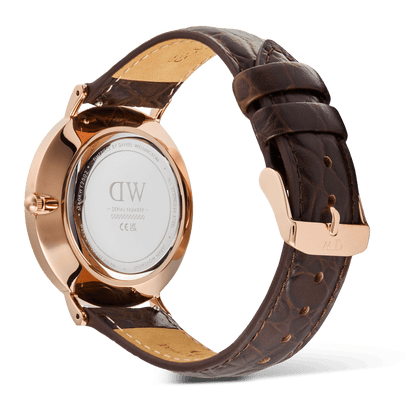 Classic Roman Numerals Date Dark Brown Croc Belly Rose Gold