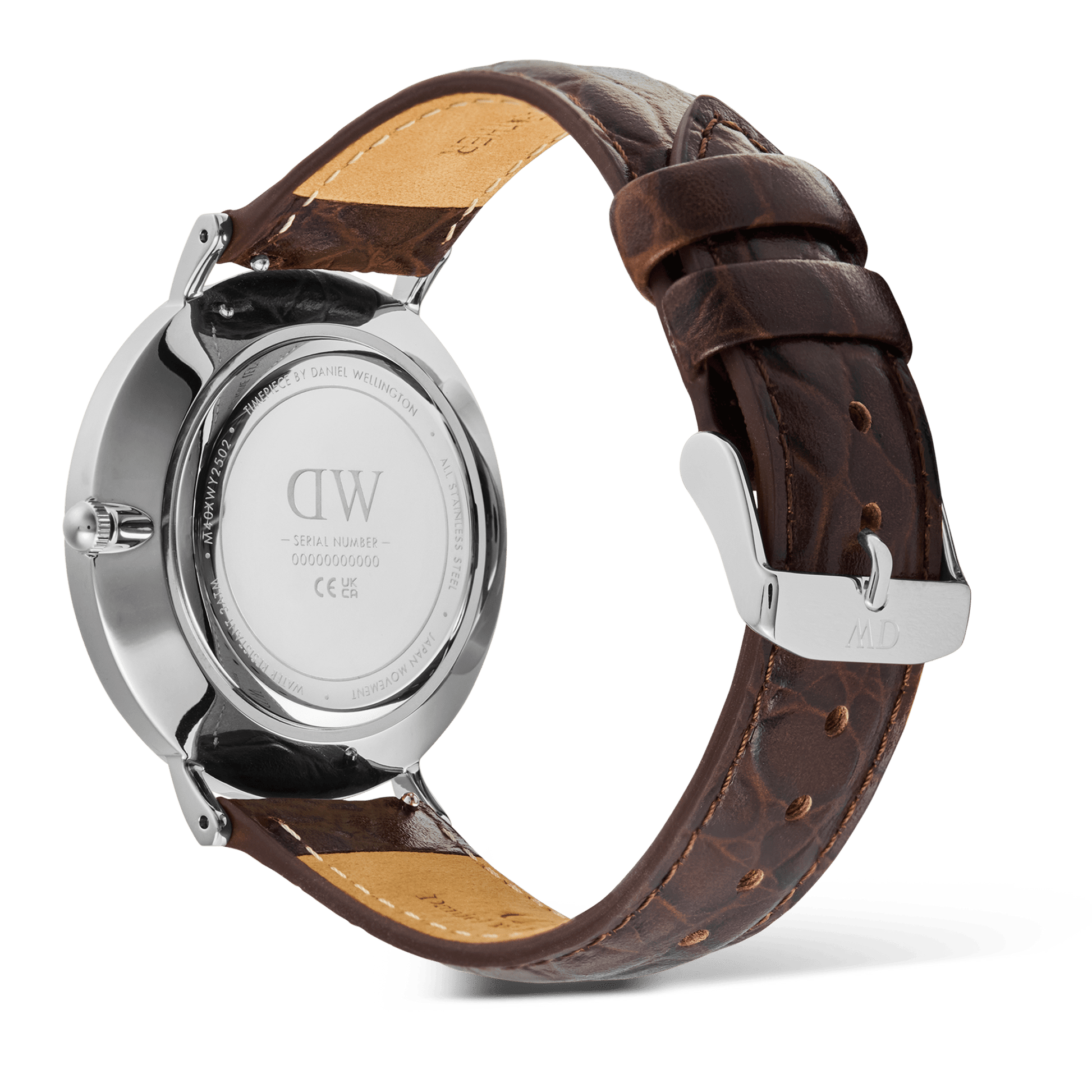 Classic Roman Numerals Date Dark Brown Croc Belly Silver