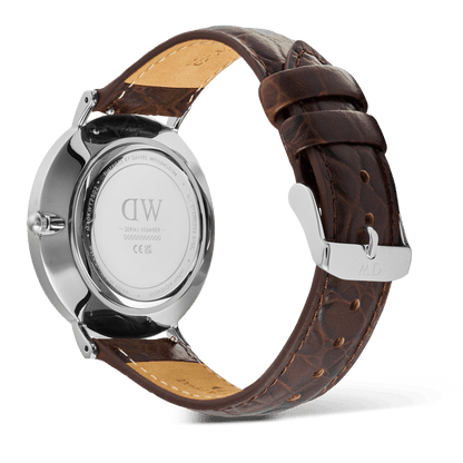 Classic Roman Numerals Date Dark Brown Croc Belly Silver