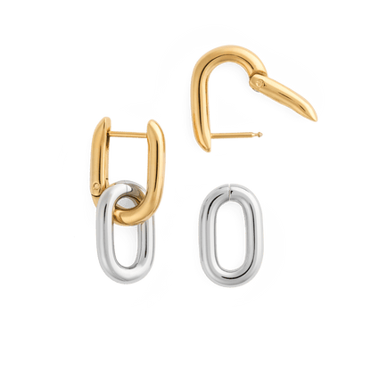 Contrast Link Earrings Two Tone Gold