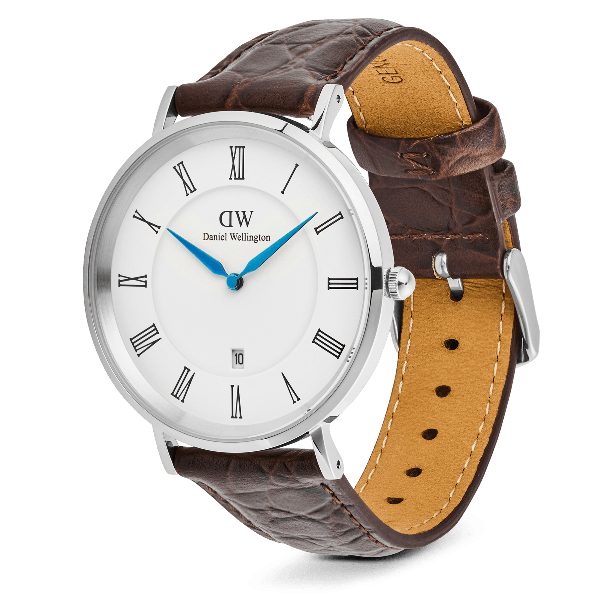Classic Roman Numerals Date Dark Brown Croc Belly Silver