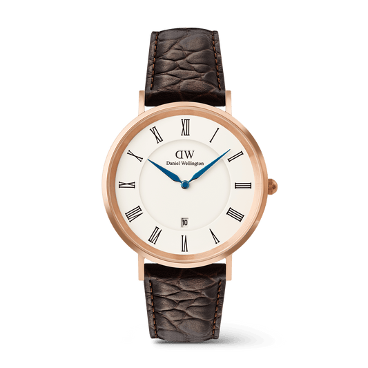 Classic Roman Numerals Date Dark Brown Croc Belly Rose Gold