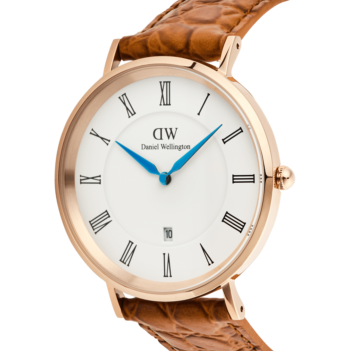 Classic Roman Numerals Date Light Brown Croc Belly Rose Gold