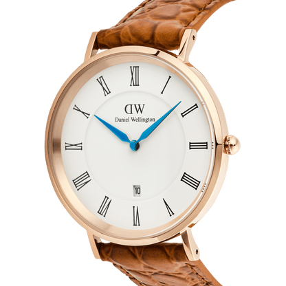 Classic Roman Numerals Date Light Brown Croc Belly Rose Gold