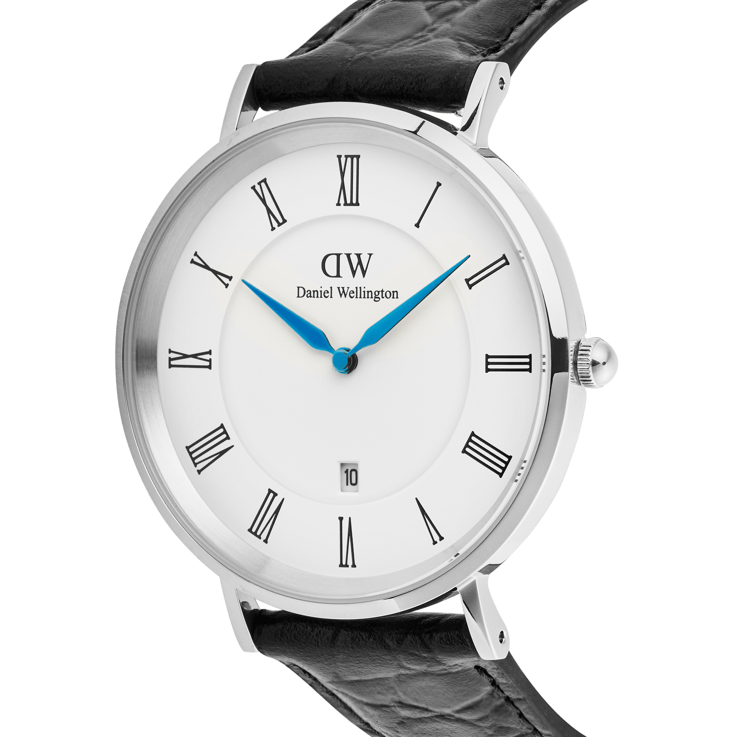 Classic Roman Numerals Date Black Croc Belly Silver