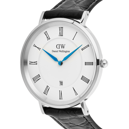 Classic Roman Numerals Date Black Croc Belly Silver