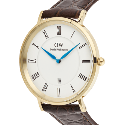 Classic Roman Numerals Date Dark Brown Croc Belly Gold