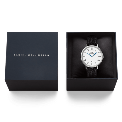Classic Roman Numerals Date Black Croc Belly Silver