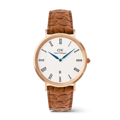 Classic Roman Numerals Date Light Brown Croc Belly Rose Gold