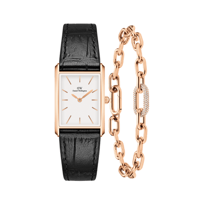 Bound Black Crocodile & Crystal Link Bracelet Rose Gold