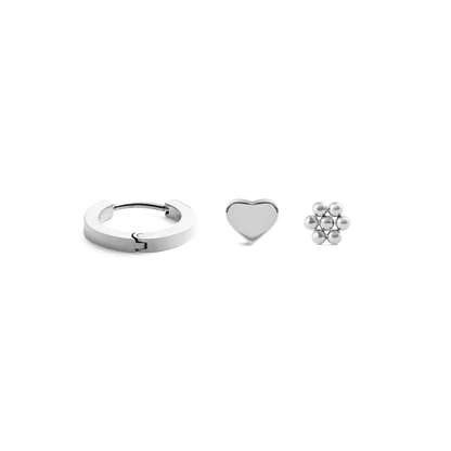 Hoop + Heart + Flower Stud Silver Set