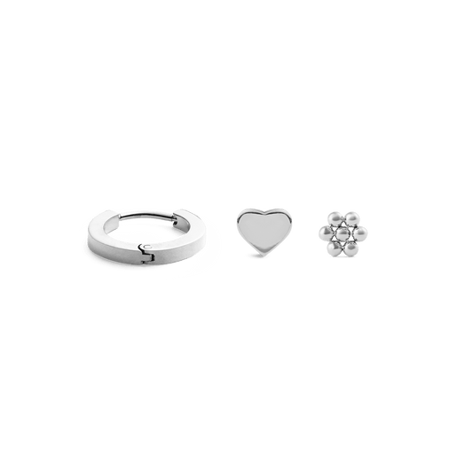 Hoop + Heart + Flower Stud Silver Set