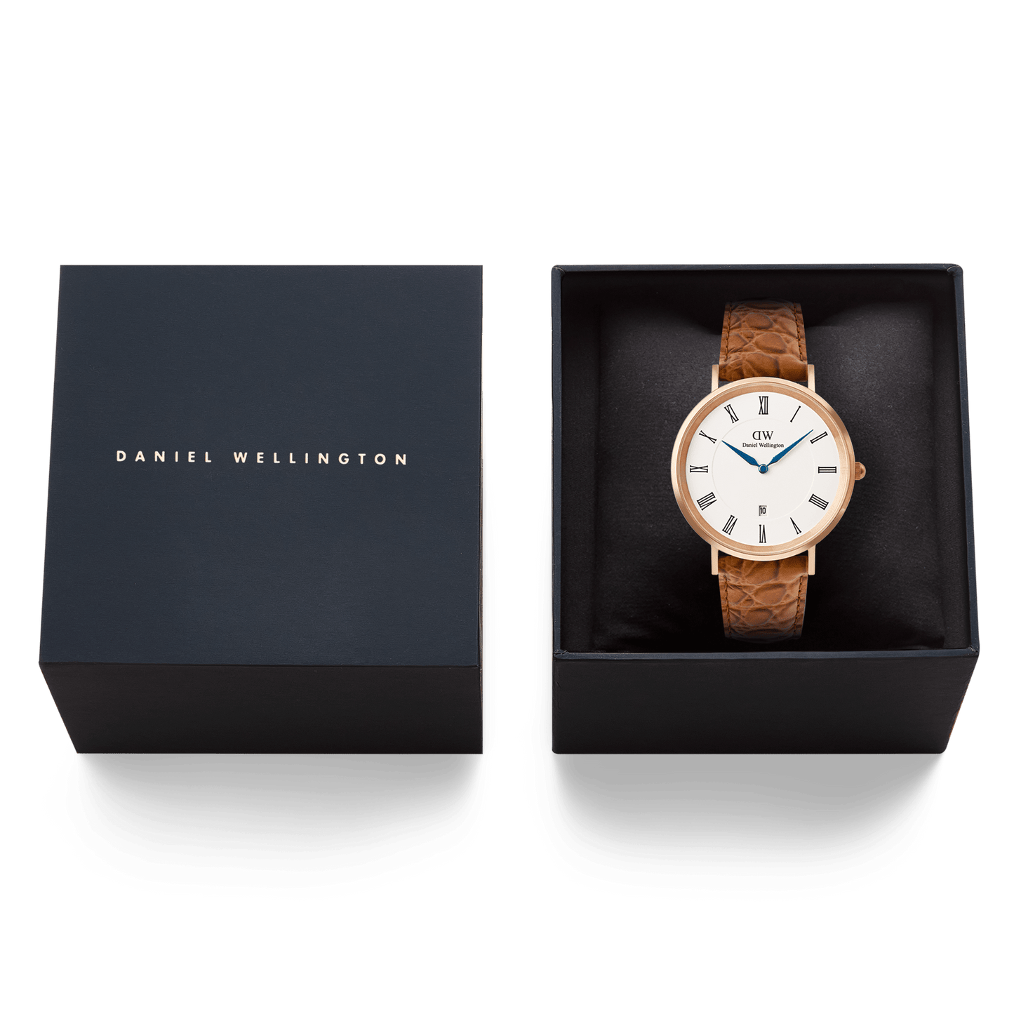 Classic Roman Numerals Date Light Brown Croc Belly Rose Gold