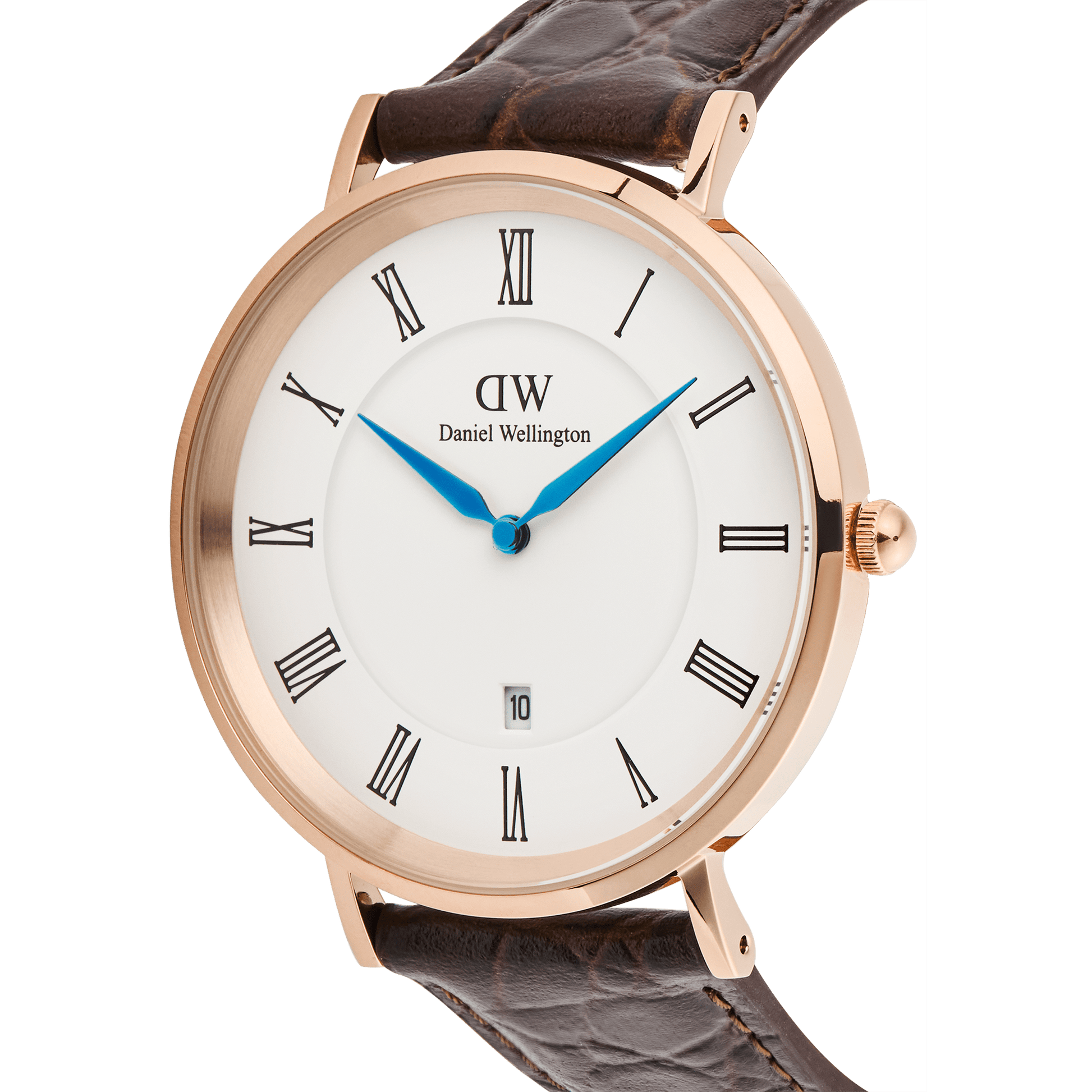Classic Roman Numerals Date Dark Brown Croc Belly Rose Gold