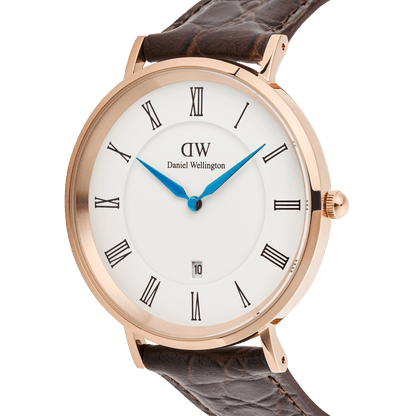 Classic Roman Numerals Date Dark Brown Croc Belly Rose Gold