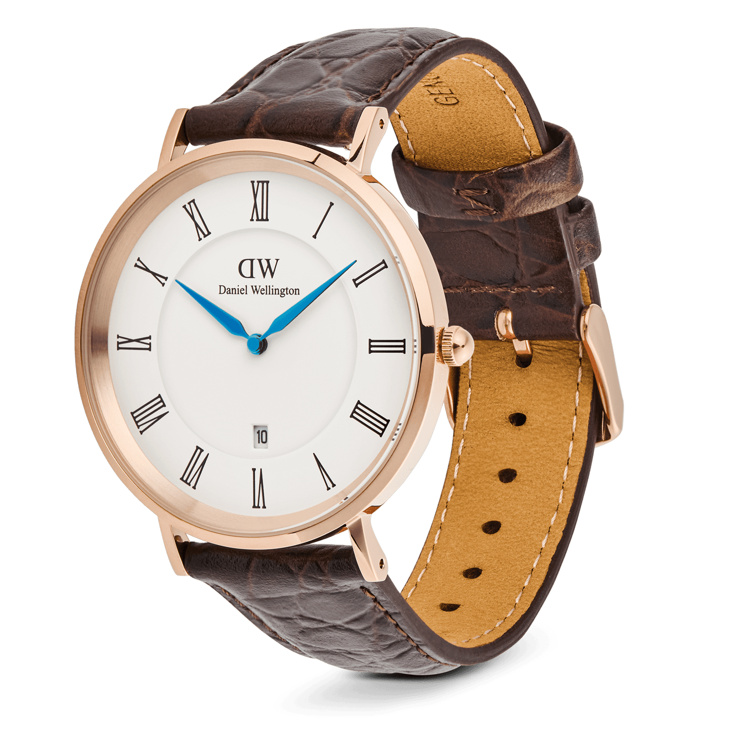 Classic Roman Numerals Date Dark Brown Croc Belly Rose Gold