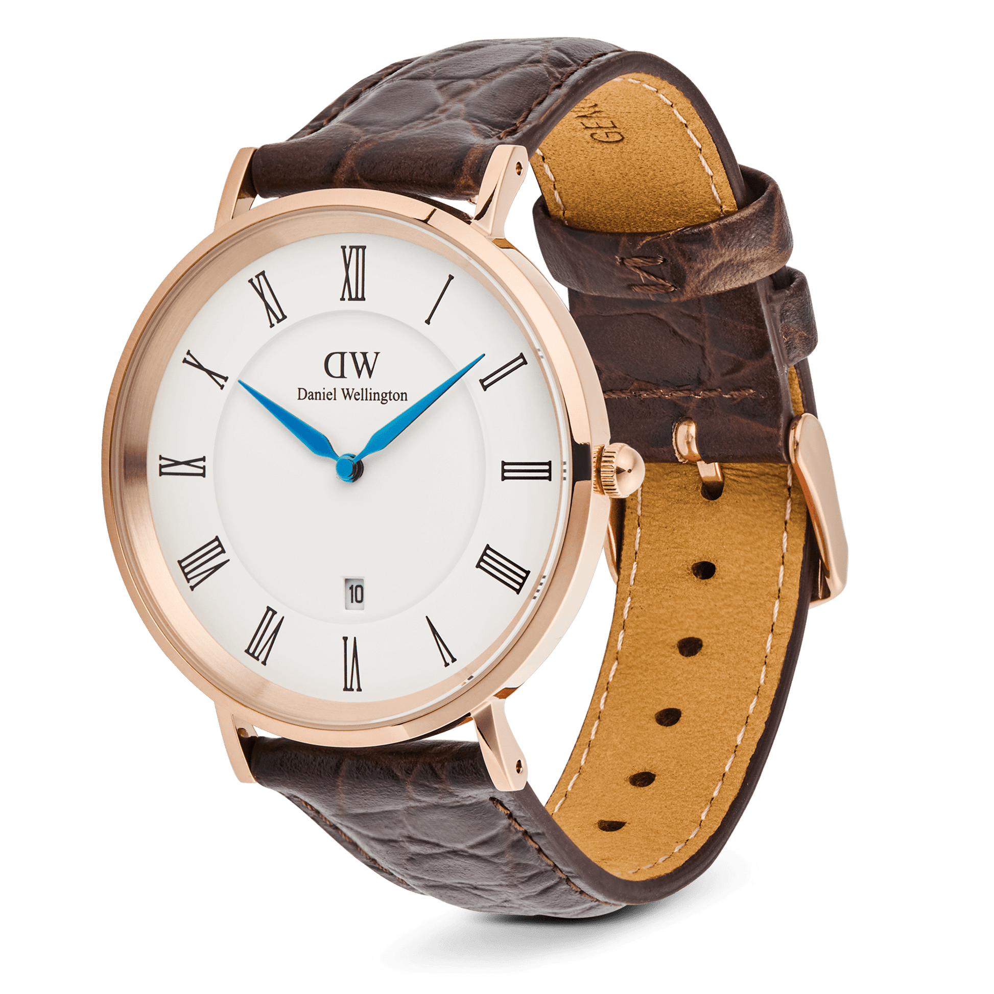 Classic Roman Numerals Date Dark Brown Croc Belly Rose Gold