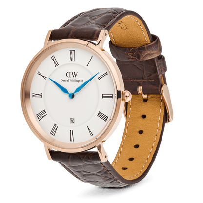 Classic Roman Numerals Date Dark Brown Croc Belly Rose Gold