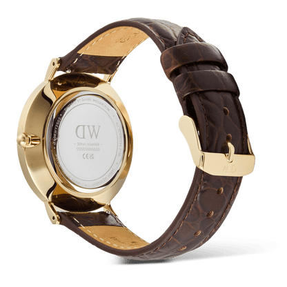 Classic Roman Numerals Date Dark Brown Croc Belly Gold